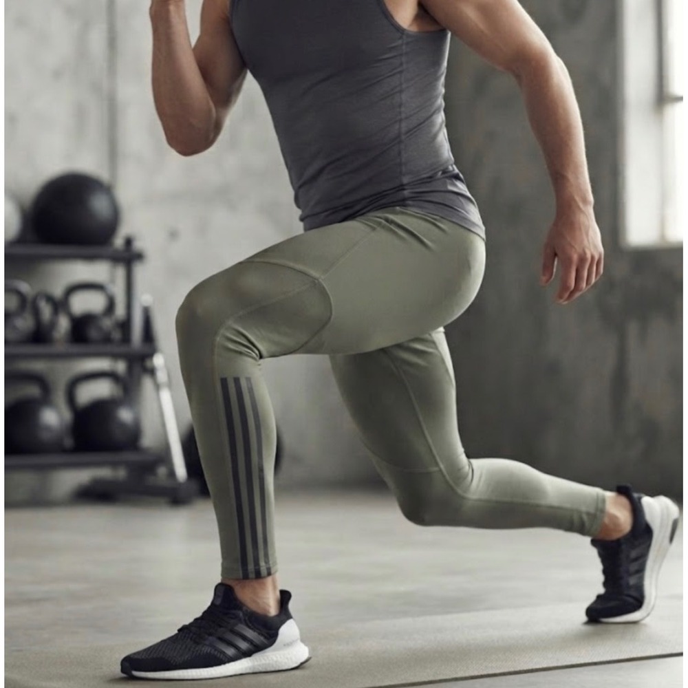 Adidas Techfit Mens Training Tights Sage Green Compression Leggings Stripe Large
